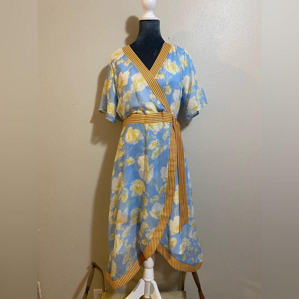 Women’s Piper and Scoot Faux Wrap Dress Blue and Yellow Floral and Stripes M